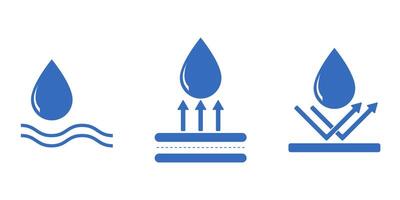 Set of waterproof and anti-weather icons. Blue drops with resistant symbols. Ideal for labels, packaging, fabric care, or digital interfaces indicating corrosion or moisture protection. vector