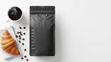 Coffee Bag Mockup with Croissant, Beans, and Steaming Cup on White Background photo