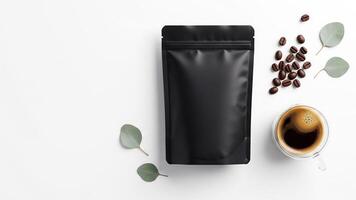 Minimalist Coffee Scene Black Pouch, Beans, Eucalyptus, and Espresso on White photo