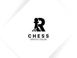 Letter R chess logo in black color with chessboard and pawn vector