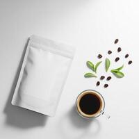 Minimalist Mockup of a White Coffee Pouch with Stevia and Coffee Beans photo