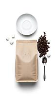 Coffee Essentials Minimalist Composition of Beans, Bag, Spoon, and Sugar Cubes. photo