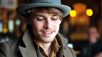 Young man showcases cheerful expression while wearing stylish hat in inviting environment filled with warm lights and engaging conversations. Joyful moment captured during social gathering. video