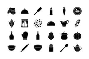 Thanksgiving Silhouette Set Pumpkin Harvest Food Autumn Leaves Holiday Dinnerware Cooking Tools and Seasonal Celebration Symbols vector