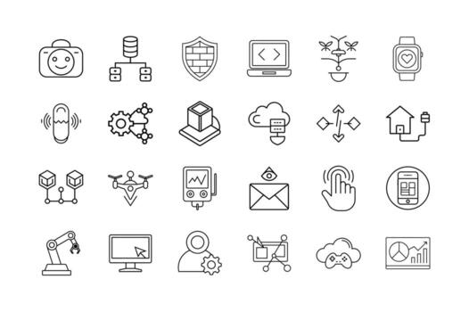 Technology Line Art Icons Set Collection of Digital Devices Innovation Cloud Computing and Smart Tech Symbols vector