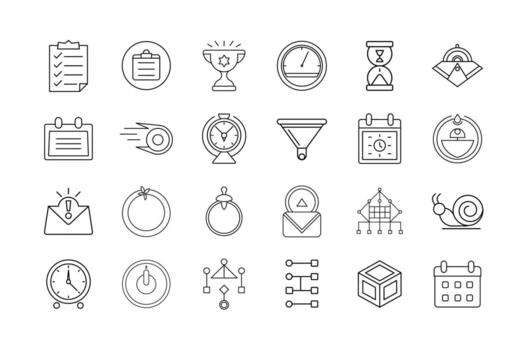 Time Management and Productivity Icon Set Task Lists Scheduling Goal Tracking Time Efficiency Workflow Optimization and Calendar Tools Symbols vector