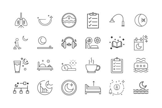 Sleep and Rest Optimization Icon Set Bedtime Routine Relaxing Habits Sleep Hygiene Night Mode Calm Mind and Restful Sleep Symbols vector