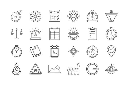 Time Management and Productivity Icon Set Task Planning Goal Setting Scheduling Efficiency Tools Focus Habits and Performance Tracking Symbols vector