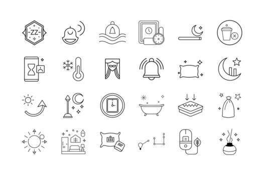 Sleep and Rest Optimization Icon Set Bedtime Routine Relaxation Sleep Tracking Night Mode Meditation and Sleep Environment Symbols vector
