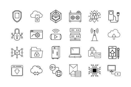 tecnología icono conjunto nube informática la seguridad cibernética datos almacenamiento blockchain iot software y digital conectividad símbolos vector