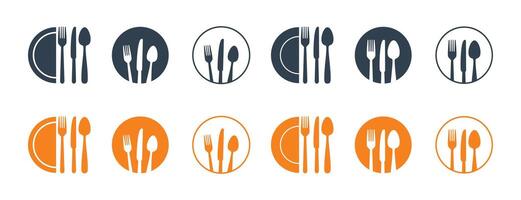Fork, knife, plate and spoon. Menu symbol. Restaurant icon. Food, plate, fork, knife, spoon, cutlery icon set illustration vector