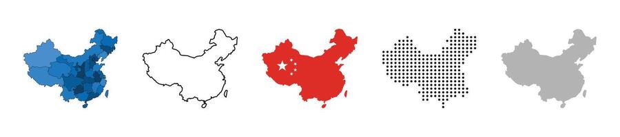 China map illustration set. Silhouette, states, regions, outline, flag, flat, dotted styles illustration vector