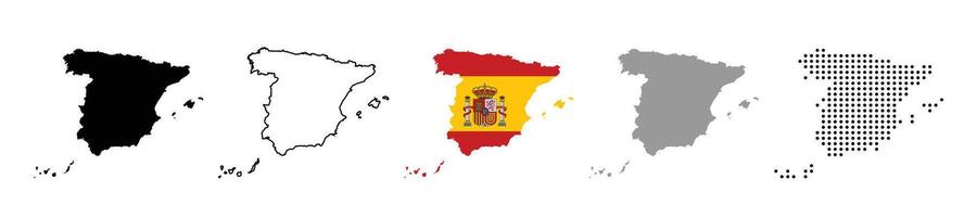 Spain map icon set. Silhouette, states, regions, outline, flag, flat, dotted styles illustration vector