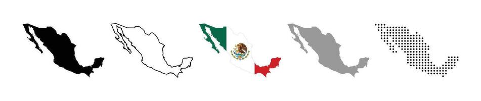 Mexico map icon set. Silhouette, states, regions, outline, flag, flat, dotted styles illustration vector