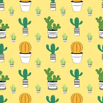 Seamless pattern with different cacti on a yellow background. vector