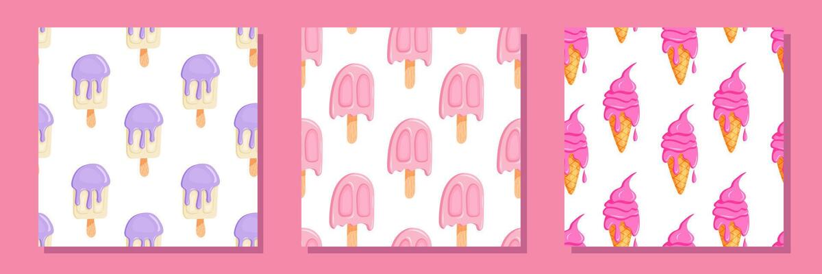 Set of seamless ice cream patterns with pastel background