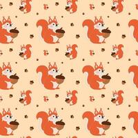 Squirrel holding acorn illustration paper cutout style isolated autumn fall theme seamless pattern vector