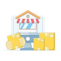 Illustration of distributors and resellers. The concept of an online store, marketplace, or e-commerce business. Reselling or shipping goods. Packaging box. Flat style. vector
