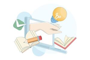 Online education concept. Laptop with hands, floating books, and light bulbs. New ideas. Dreams and light bulb ideas. Smart thinking and brainstorming. Courses, webinars. Online education concept. vector