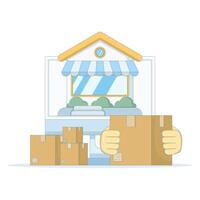 The concept of an online store, marketplace, or e-commerce business. Reselling or shipping goods. Distributors and resellers. The store appears on a computer monitor. Packaging box. Flat style. vector
