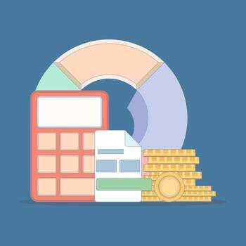 calculadora, apilar de monedas, y financiero grafico o cuadro. financiero gestión. riesgo cálculo planificación. datos analítica concepto. moderno plano ilustración. vector