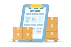 Efficient Warehouse Inventory Management or Stock Control System. Inventory staff, warehouse administrator, and inventory supervisor. Counting and reading reports. Flat design in the background. vector