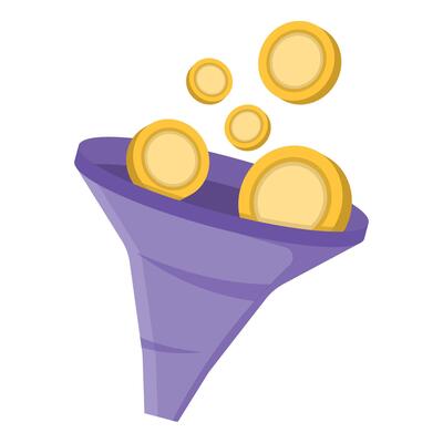 Money Filtering Concept. Funnel filtering generates revenue, Ideal for marketing, strategy, growth, finance, and business analytics. Funnel Illustration with Gold Coins.