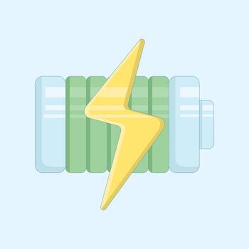 Battery charging with a lightning bolt. The image shows a battery icon that is mostly green, indicating a high charge level. A white lightning bolt indicates charging or a full charge. vector