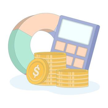 datos analítica concepto, calculador financiero gastos y ingreso. financiero gestión. financiero riesgo cálculo planificación, calculadora con apilar de monedas y grafico vector