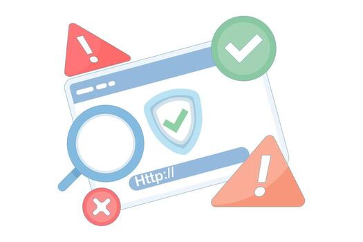 The concept of preventing malicious and suspicious links. Link security check. Illustration of a magnifying glass to determine whether a website is safe or risky. Website Inspection and Analysis. vector