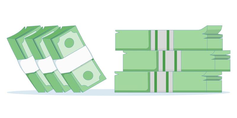 money stack concept, simple flat green US dollar banknotes pack, stack of banknotes, isolated graphic illustration of cash stack, single cartoon banknote pack. flat illustration.