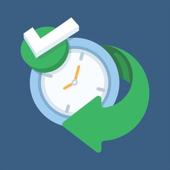 Fast delivery or time management concept. Planning work schedules and hours. Alarm clock icon, check mark, and surrounding arrows in cartoon style. vector