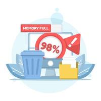 The concept of freeing up memory space. Removing annoying notifications from the trash. Boosting memory. Clearing the cache. A flat design illustration in the background. vector