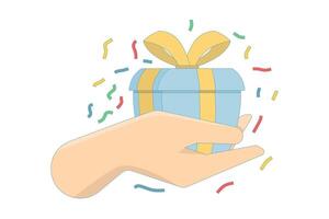 Flat cartoon illustration of a hand holding a beautiful gift, Gift box in hand showing the concept of gift giving, Romantic surprise. Graphic design illustration vector