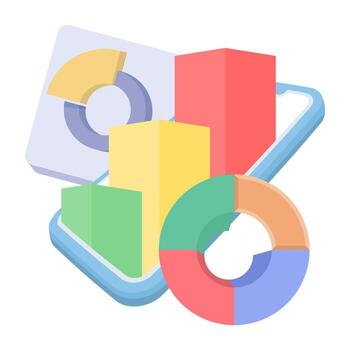 digital negocio comercio concepto. móvil teléfono con en la pantalla gráficos, rojo flechas, y tarta cartas negocio y finanzas. plano ilustración con fondo, vector