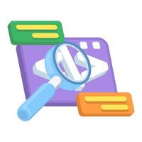 Program analysis concepts. Examining coding issues. Software or applications. Coding and programming. Search or script analysis. Pop-up windows with magnifying glass symbols. Flat design. vector