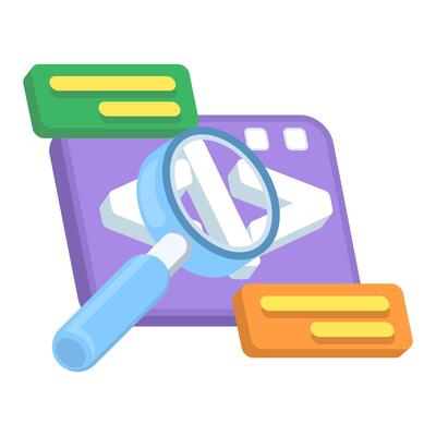 Program analysis concepts. Examining coding issues. Software or applications. Coding and programming. Search or script analysis. Pop-up windows with magnifying glass symbols. Flat design.