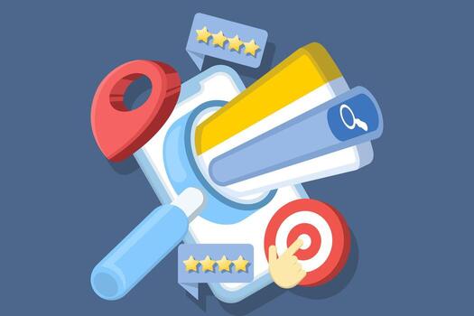 The concept of SEO is optimizing visibility, local search with location-based marketing, and local business ranking through proper search optimization, search queries, and locally targeted content. vector