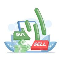Asset risk management concept. Investment portfolio adjustments. Buying and selling stocks, mutual funds, bonds, and cryptocurrencies. Investor analysts holding buy or sell assets. Flat illustration. vector