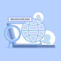 IP tracker and IP address lookup. User tracking, cross-app tracking. Magnifying glass to view IP numbers on laptops or smartphones. User tracking cookies. IP logging warning. Flat design illustration. vector