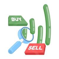 Illustration of a green candlestick magnifying glass. Asset risk management. Investment portfolio adjustments. Buying and selling stocks, mutual funds, bonds, and cryptocurrencies. vector