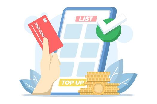 diseño ilustración. en línea pago transacción sistema. recarga o añadir a cuenta equilibrar utilizando un aplicación móvil pago y digital billetera concepto. recarga fondos. plano diseño ilustración. vector