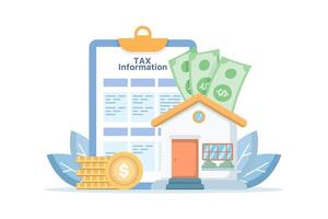 Home tax concept, Residential house with tax documents, personal housing tax, business with housing, money, and tax documents. Flat design illustration on background. vector