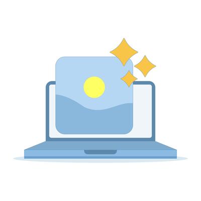 AI for generating or enhancing images. Flat illustration of a laptop with AI images and icons. Symbolizing image creation or the use of filters with the help of AI. Flat design illustration.