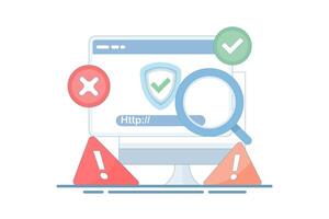 The concept of protective security. The prevention of malicious and suspicious links. The magnifying glass to determine whether a website is safe or risky. Link security check. vector
