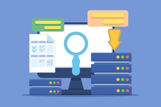 Data Entry or Database Administrator Concepts. Storing and managing data. Designing, reviewing, and maintaining data. Repairing databases. Entering and updating data into tables. Flat illustration. vector