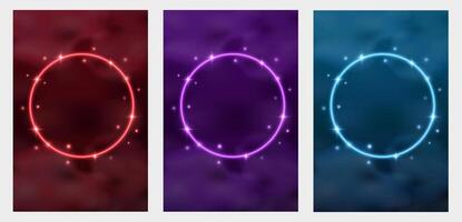 Glowing neon circle frames set on gradient cloudy background. Poster and social media template vector