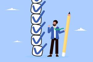 Getting things done. Confident expert ticks off checklist tasks. Embodies accomplishment, project success and business efficiency vector
