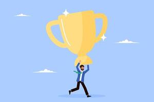 Confident entrepreneur hoists massive winner trophy. Symbolizes major business success, overcoming large-scale challenges and significant achievement. vector