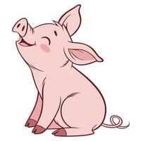 Cute piglet sitting, pink skin, ears perked, isolated on white background, farm animal pose vector
